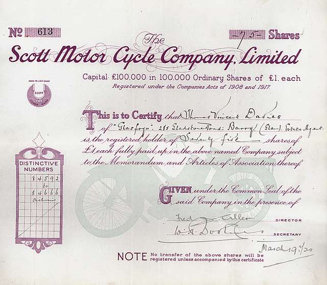 Scott Motor Cycle 1920 A certificate issued by the scottish