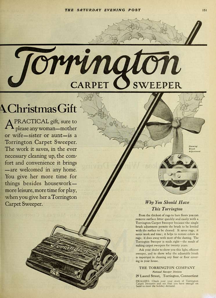 Carpet Sweeper (old school version)
Used with permission under Creative Common Licences
https://cdn2.picryl.com/photo/1920/12/31/the-saturday-evening-post-1920-14597587489-2848c3-1024.jpg