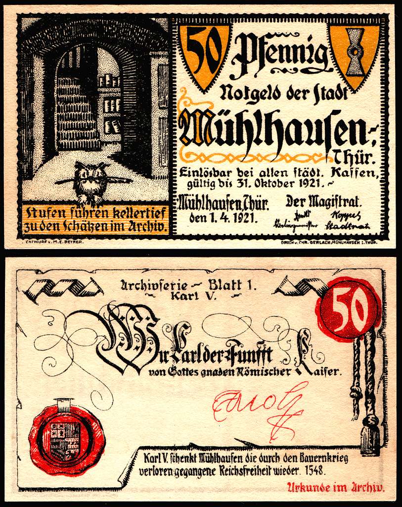 An old german bank note with a picture of a man in a doorway