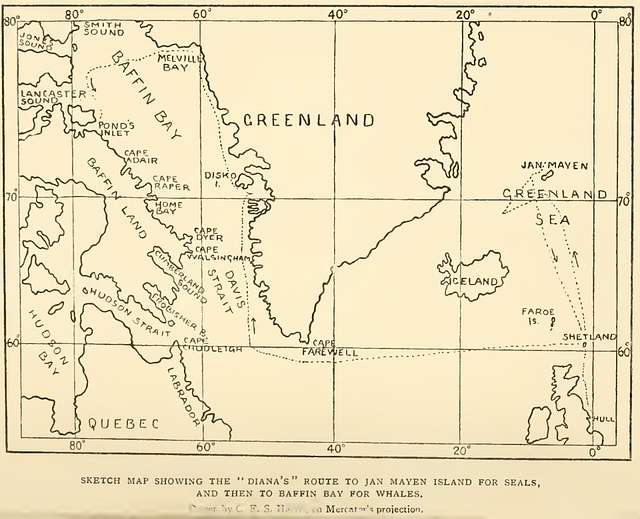 Sketch map showing the Diana route to Jan Mayen Island for seals, and ...