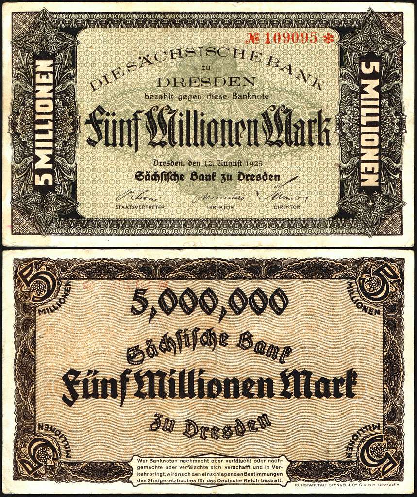 An old german bank note with a black border Sachsen 5 Millionen