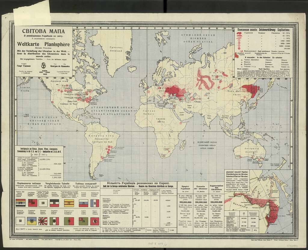 Svìtova mapa z rozmìŝennâm Ukraïncìv po svìtu = Weltkarte mit der ...