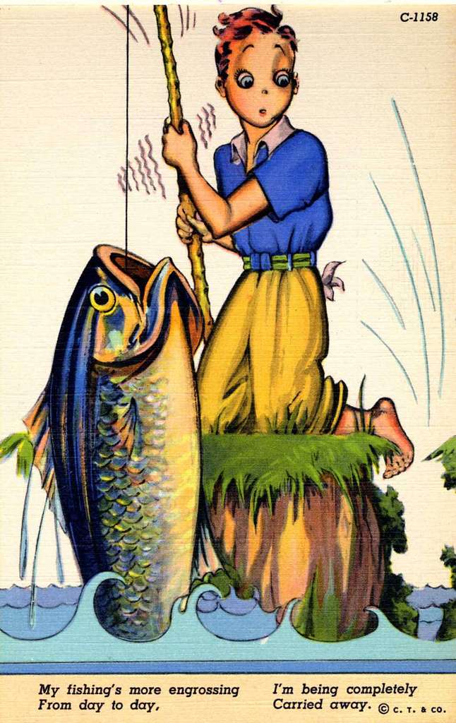 Vintage 1900's Comic Postcard Man Fishing Catches Frog The