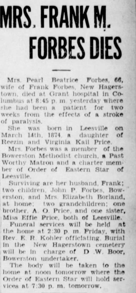 Pearl Beatrice Price 1874 1940 obituary in The Daily Times of