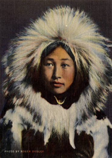 Obleka An Eskimo Glamour Girl in Native Costume, showing the Parka Hood ...