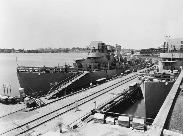 USS Amesbury (DE-66) fitting out at the Bethlehem Hingham Shipyard on 6 ...