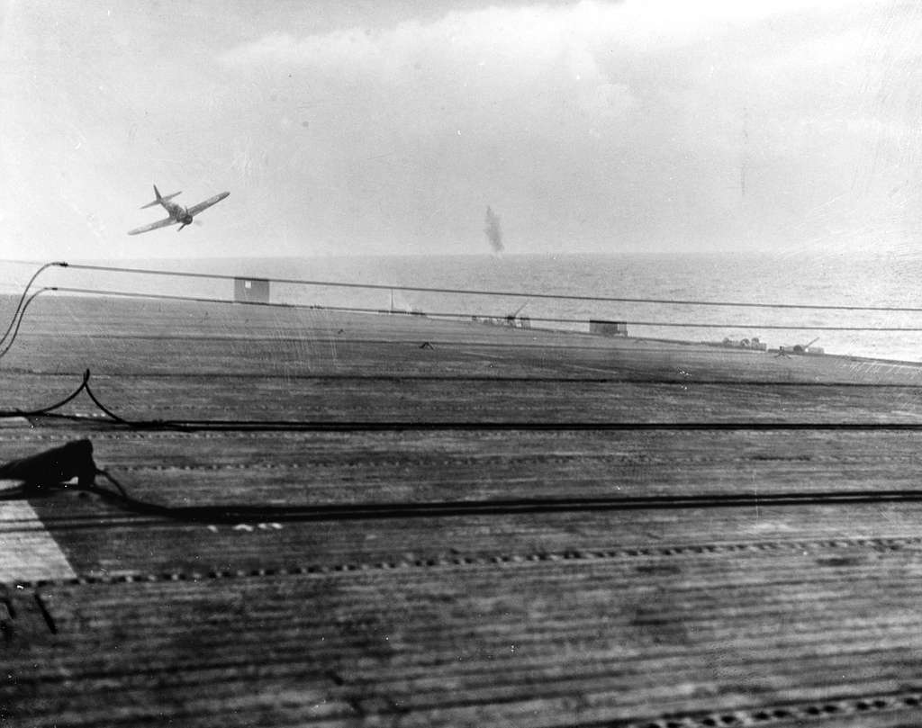 USS Bunker Hill after being hit with Kamikaze Planes at Okinawa