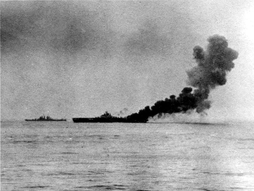 USS Bunker Hill (CV-17) burns after first kamikaze hit 11 May 1945 ...