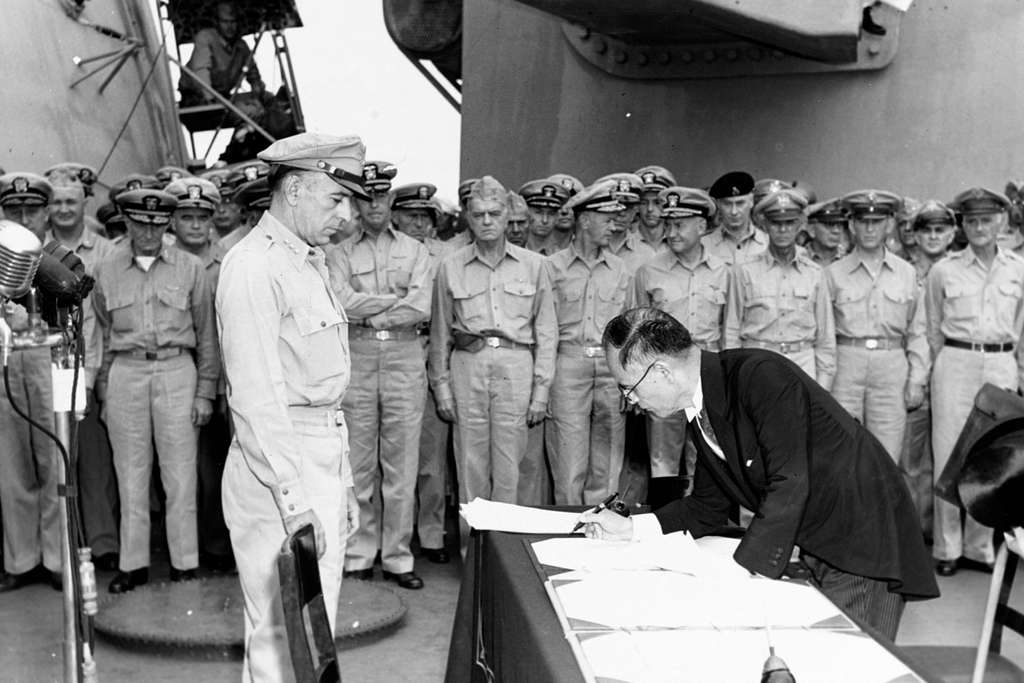 Mamoru Shigemitsu signs the Instrument of Surrender, officially ending ...