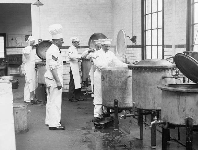 Royal Army Catering Corps cooks preparing stew in the kitchens at ...