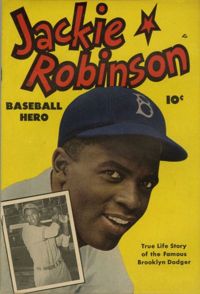 Back cover of Jackie Robinson comic book. Half-length portrait of