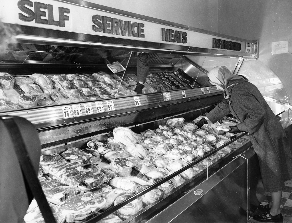 People serving themselves at the Berg's Supermarket meat section, circa  1950 - PICRYL - Public Domain Media Search Engine Public Domain Search