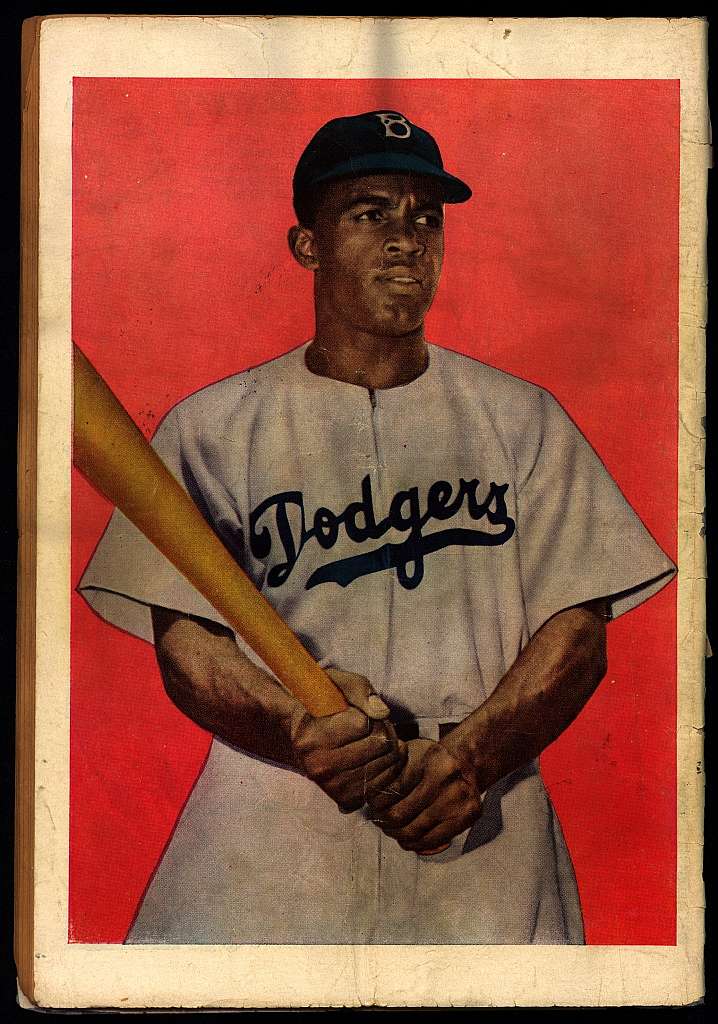 Back cover of Jackie Robinson comic book. Half-length portrait of