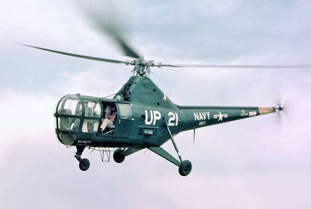 Sikorsky HO3S-1 of HU-1 takes off from USS New Jersey (BB-62) off Korea ...