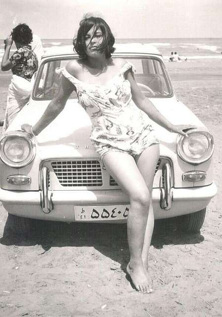 B&W Photo Unknown Model with Car Showing Panties 1960's 1940's