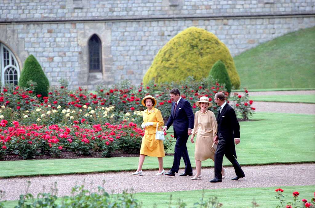 President Ronald Reagan And Nancy Reagan Walking With Queen Elizabeth Ii And Prince Philip 