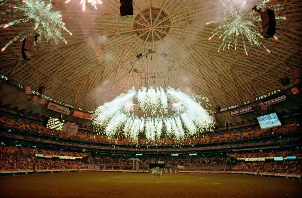 FILE--As the Astrodome scoreboard explodes with fireworks in the