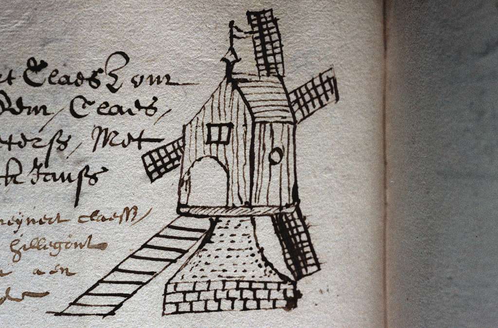 Reproductie Van Oud Handschrift Fragment Met Tekening Van Standerdmolen