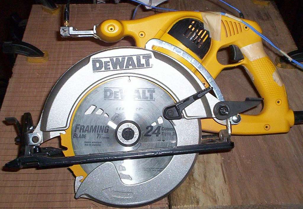 DeWalt DW378G loaded A circular saw sitting on top of a wooden