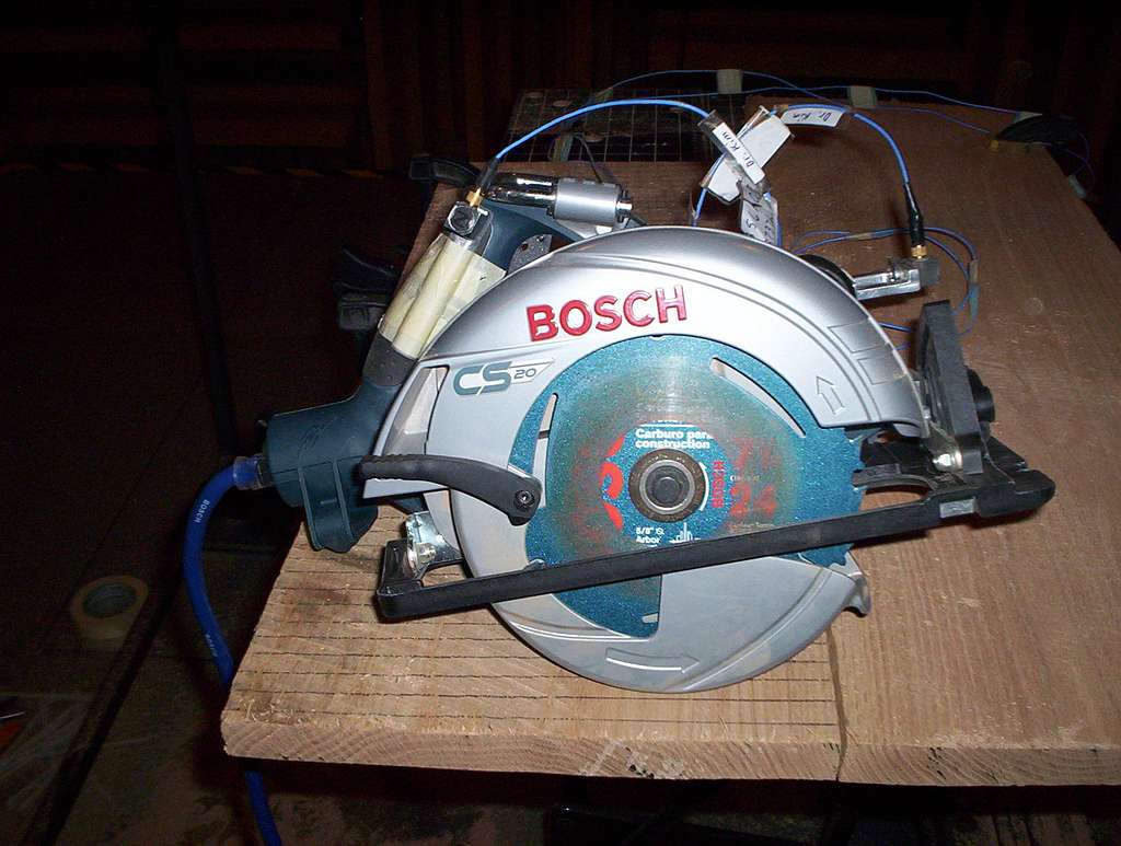 Bosch CS20 loaded A bosch circular saw on a wooden table