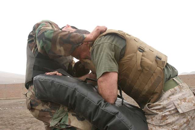 A recruit from Mike Company, 3rd Recruit Training Battalion, applies a choke  hold during a Marine Corps Martial Arts Program test at Marine Corps  Recruit Depot San Diego, July 20. The recruits