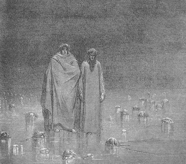 Image of Dante and Virgil in Inferno, crossing the cocytus, 1885 by Dore,  Gustave (1832-83)