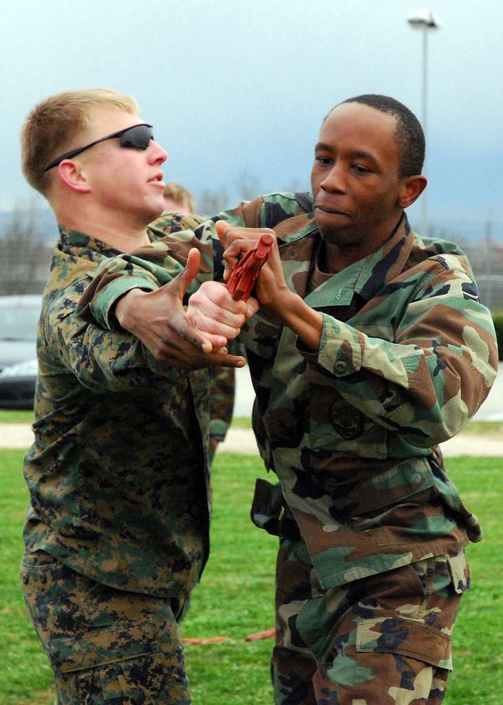 A recruit from Mike Company, 3rd Recruit Training Battalion, applies a choke  hold during a Marine Corps Martial Arts Program test at Marine Corps  Recruit Depot San Diego, July 20. The recruits