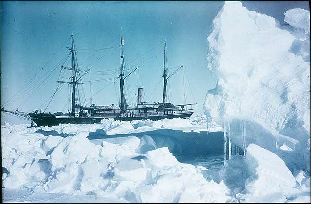 A distant bow view of 'Endurance' (1912) frozen into the ice floe