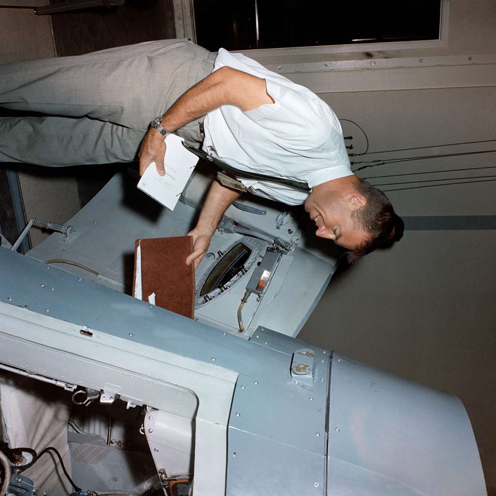 Astronaut James Lovell prior to entering Gemini Mission Simulator ...