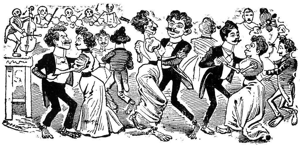 Un baile con hombres vestidos aparejados con hombres vestidos de traje de  un amplio lado titulado 'Los 41 maricones encontrastes en un baile de la  Calle de la Paz el 20 de Noviembre de 1901' 1901 José Guadalupe Posada Este  amplio lado representa