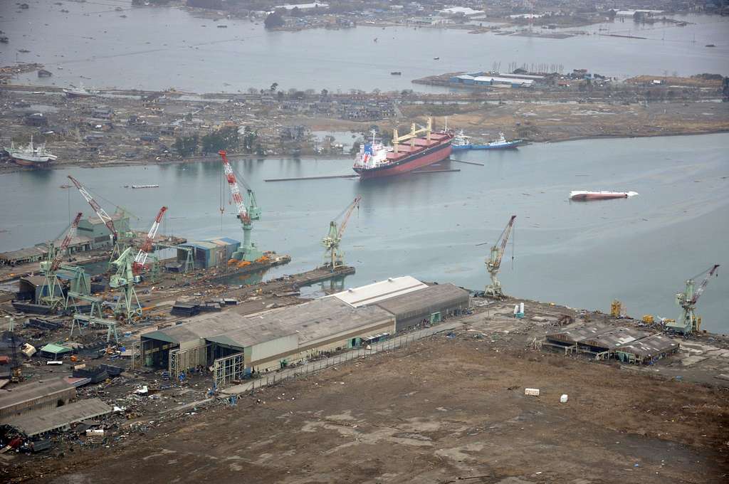 An aerial view of ships washed ashore and overturned PICRYL Public