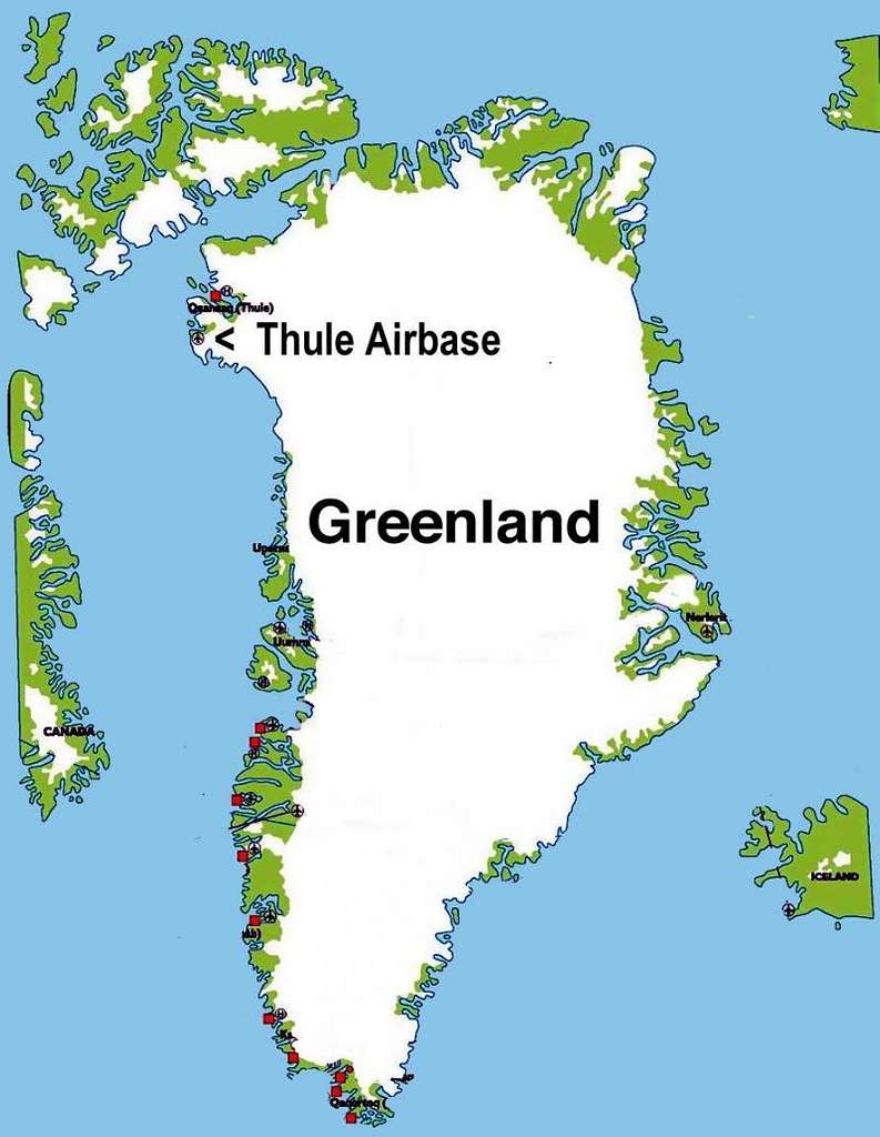 Map of Greenland with location of Thule Air Base shown. NARA