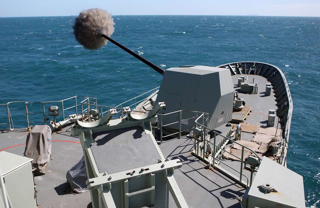 HMAS Ballarat's 5-inch naval gun fires a barrage during - PICRYL ...