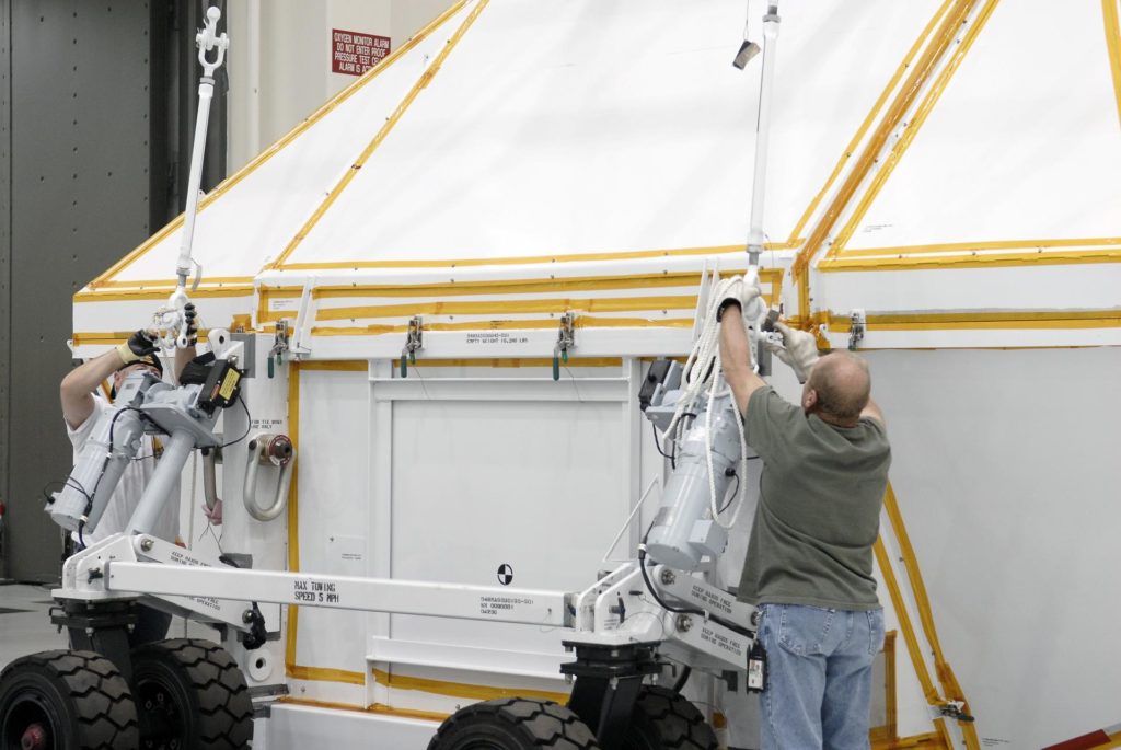 An operator prepares his Self-Contained Atmospheric Protective Ensemble  suits at the suit-up room at the Multi-Payload Processing Facility at  NASA's Kennedy Space Center October 31, 2018 in Cape Canaveral, Florida  Stock Photo 