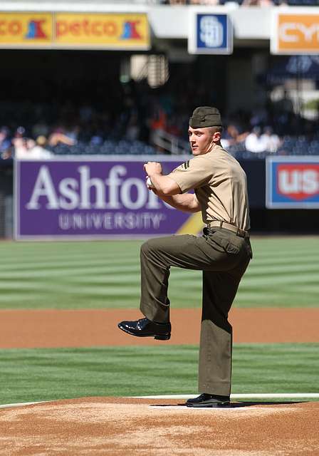 SAN DIEGO (April 24, 2016) Members of the color guard from the aircraft  carrier USS Theodore Roosevelt (CVN 71) parade the colors on the field at  Petco Park, home field of the