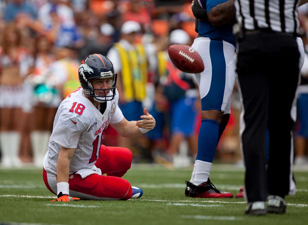 Denver Broncos quarterback Peyton Manning (18) watches a replay against the  Detroit Lions during the first half of an NFL football game, Sunday, Sept.  27, 2015, in Detroit. (AP Photo/Paul Sancya Stock