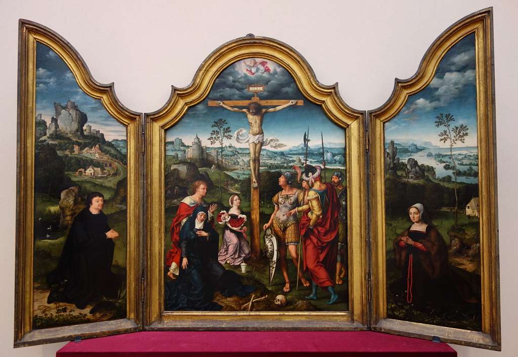 Triptych of The Crucifixion Flanked by the Kneeling Donor and His Wife ...