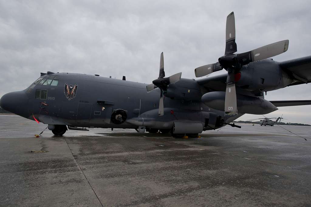 An AC-130U Spooky gunship remains secured to the flight - PICRYL ...