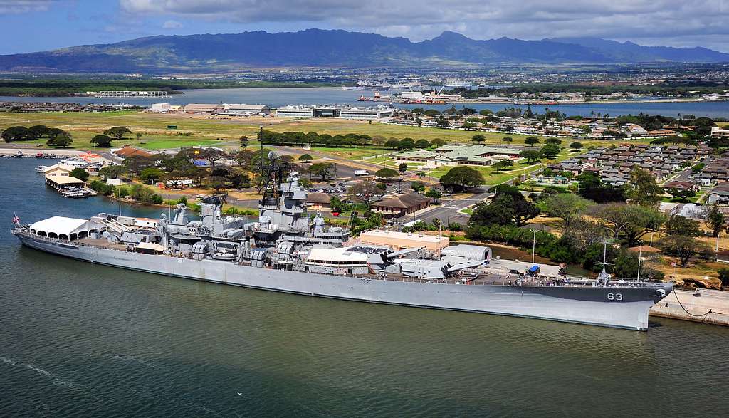 An aerial view of Pearl Harbor showing the Battleship - NARA & DVIDS ...