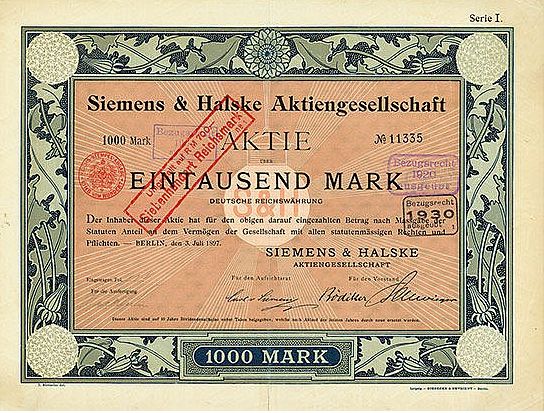 Siemens & Halske. Aktie 1897 - Public domain banknote scan