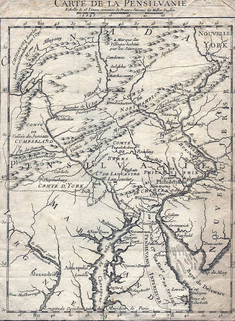 1756 CARTE DE LA PENSILVANIE, tirée de État present de la Pensilvanie ...