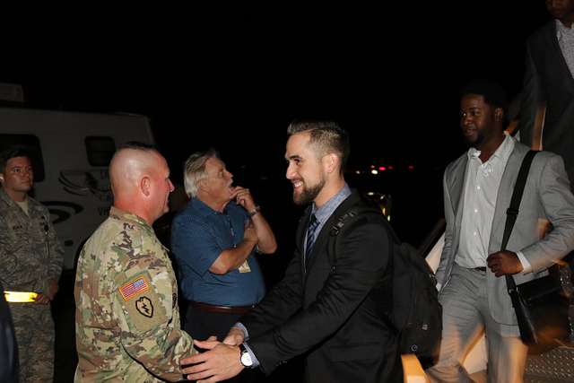 Jeff Francoeur, a player for the Atlanta Braves signs an autograph for a  military family member during a luncheon at Fort Bragg, N.C., July 3, 2016.  The event is a part of