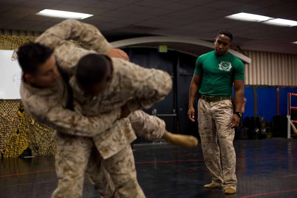 A recruit from Mike Company, 3rd Recruit Training Battalion, applies a choke  hold during a Marine Corps Martial Arts Program test at Marine Corps  Recruit Depot San Diego, July 20. The recruits