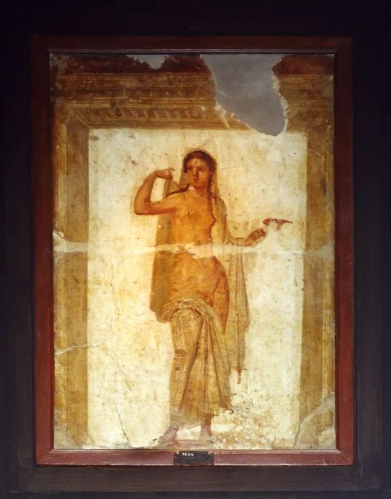 Sacrifice scene depicted in the Roman fresco from Pompeii, now on display  in the National Archaeological Museum (Museo Archeologico Nazionale di  Napoli) in Naples, Campania, Italy. Two lares, in their characteristic  clothing