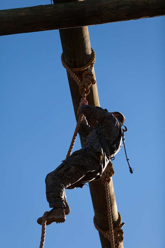 A U.S. Army Ranger performs a rope climb during the - PICRYL