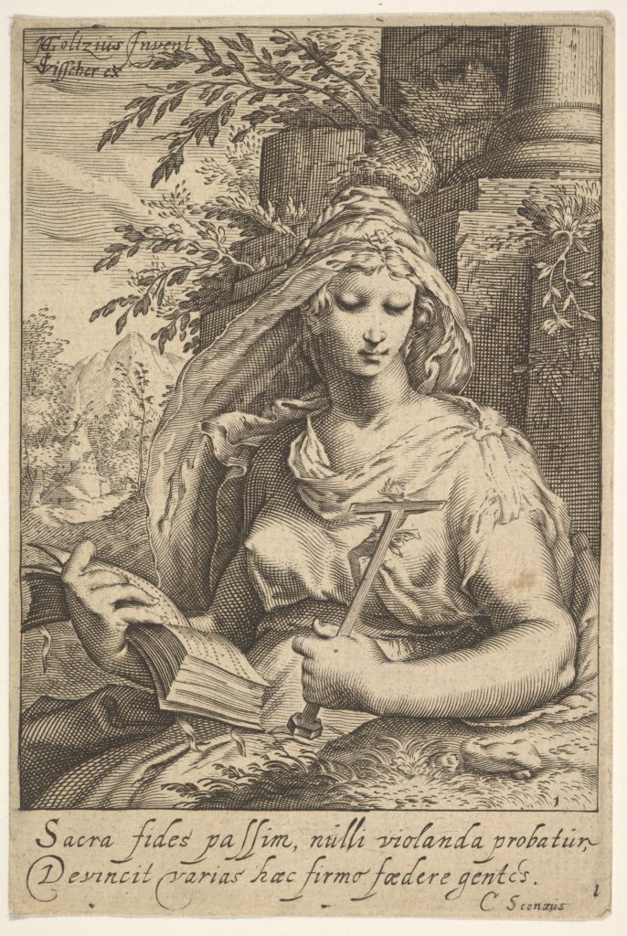 Faith; Fides; The seven virtues. The female personification of