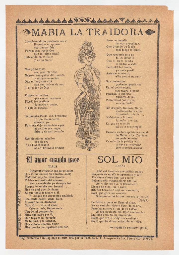 José Guadalupe Posada, Broadsheet featuring three love ballads with  vignettes showing a woman reading, a woman's head in a heart pierced by an  arrow and a woman walking