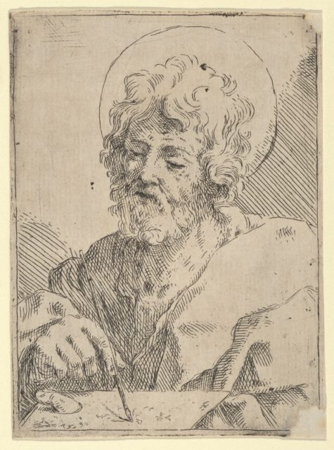 A man holding a book, about to write in it, looking upwards to the left ...