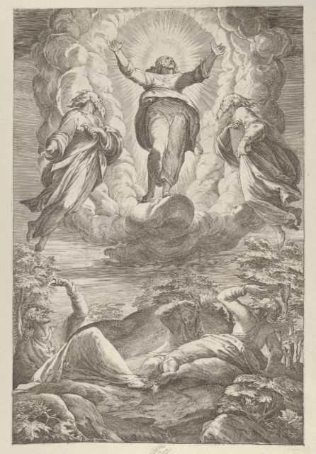 The Transfiguration with Christ flanked by two saints and with the ...