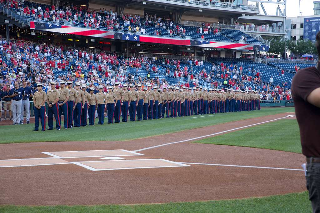 A man salutes during the national anthem before a baseball game